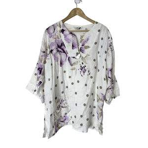 BLITZ Italy 100% Linen Floral Tunic Top Plus Sz 2X Mother Of Pearl Buttons Boho